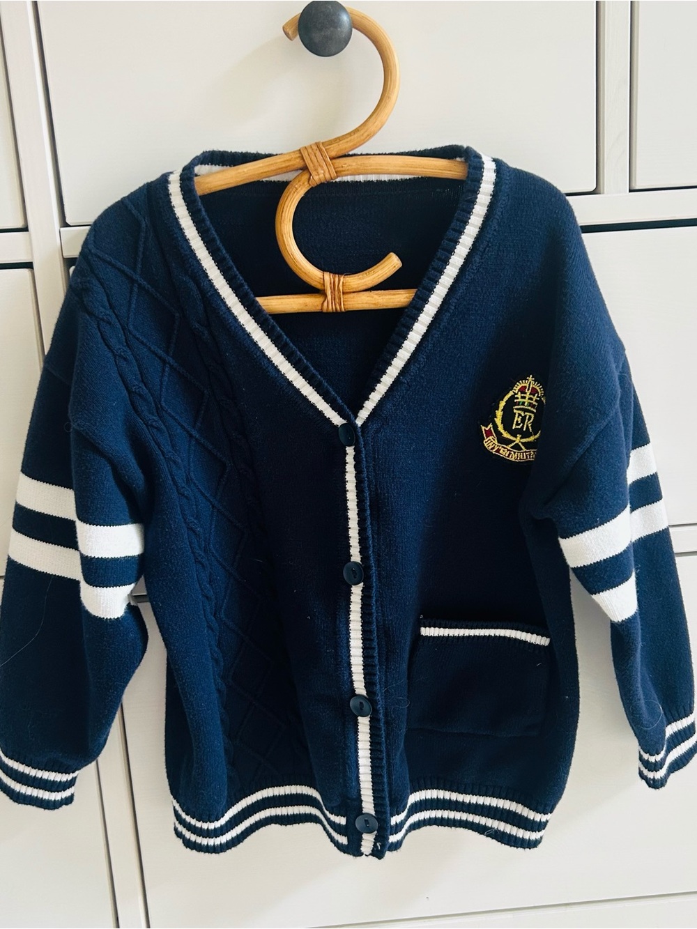 Source Unknown Navy Blue Cardigan with White Trim and Crest